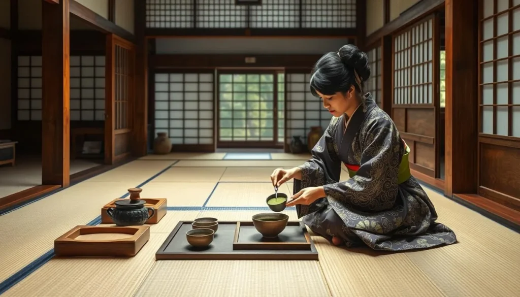 Traditional tea ceremony being performed at Meimei-an tea house in Matsue Traditional tea ceremony being performed at Meimei-an tea house in Matsue