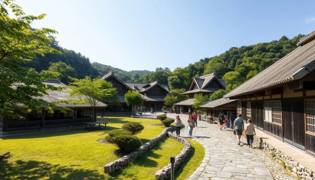 Traditional thatched-roof houses and historic buildings at Shikoku Mura open-air museum Traditional thatched-roof houses and historic buildings at Shikoku Mura open-air museum