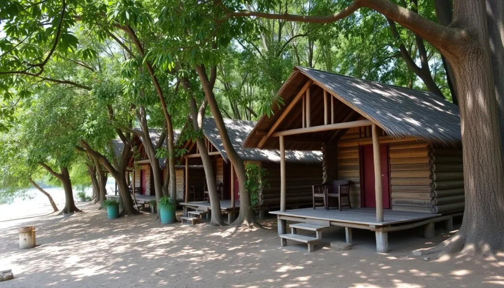 Traditional tribal cottages for accommodation at Boga Lake
