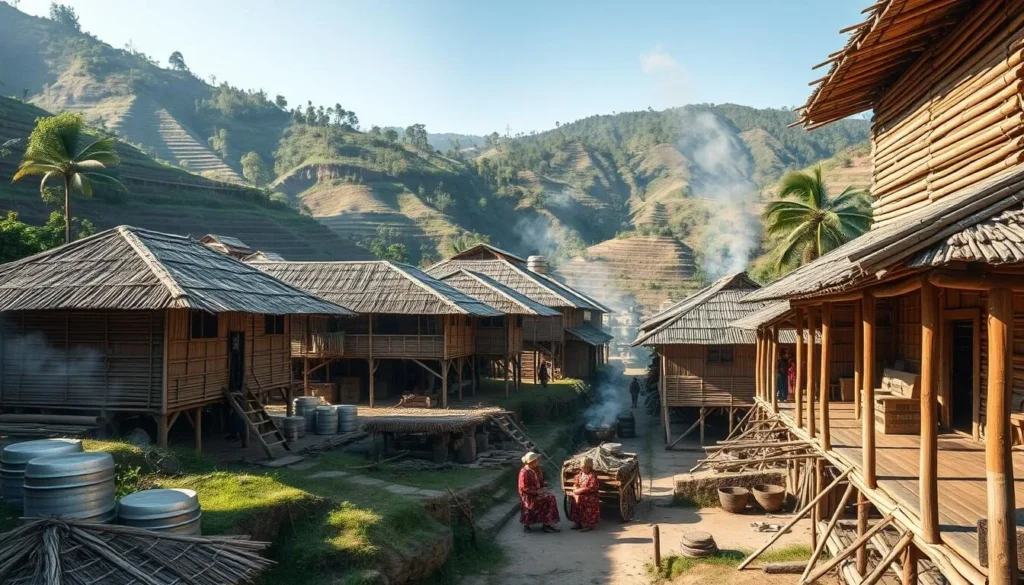 Traditional tribal village in Bandarban with bamboo houses on stilts and surrounding mountain landscape