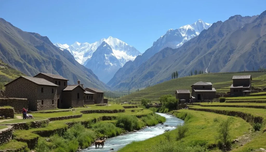 Traditional village in Hushe Valley with terraced fields and mountains
