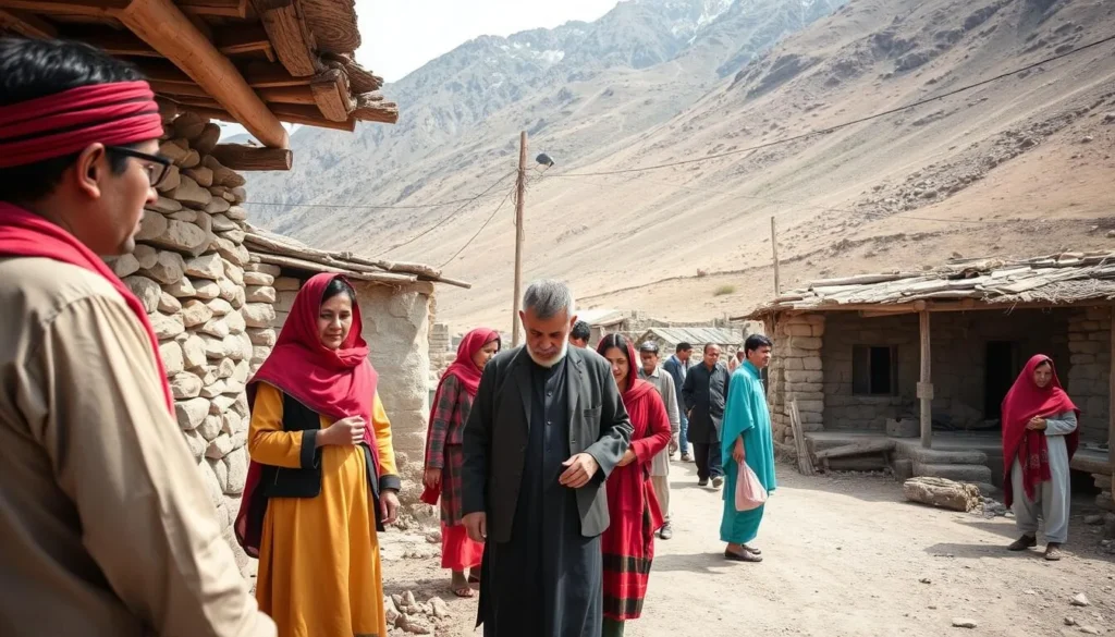 Traditional village scene near Shandur Pass with local people in traditional dress