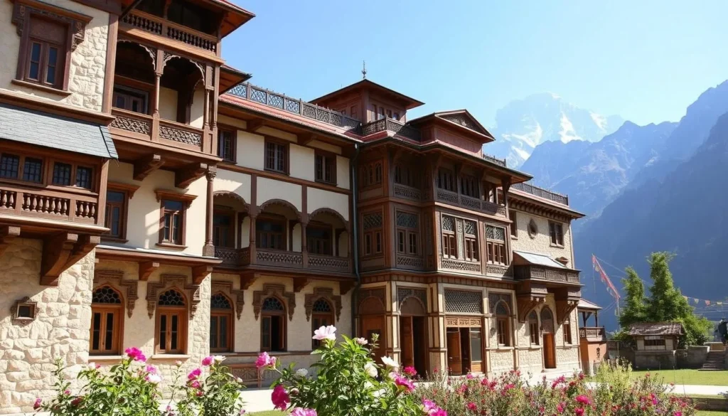 Traditional wooden architecture of Khaplu Palace with mountain backdrop and flowering gardens