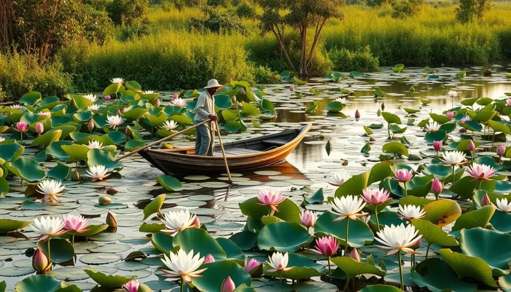 Traditional wooden boat gliding through lotus flowers and water lilies at Baikka Beel