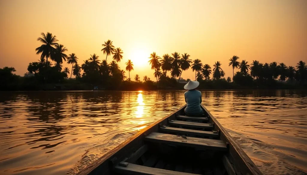 Traditional wooden boat on a river in Bagerhat at sunset