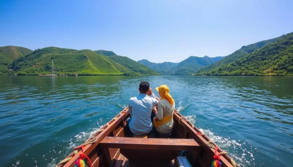 Traditional wooden boat tour on Kaptai Lake with green hills in background