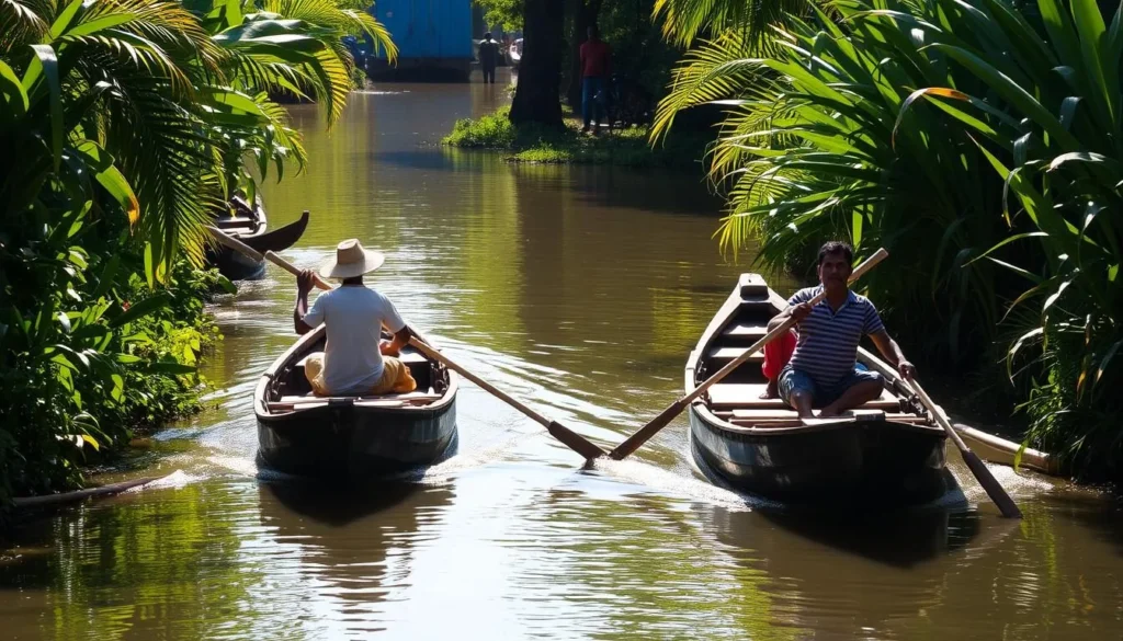 Traditional wooden boats (nouka) navigating through the narrow canals of Barisal