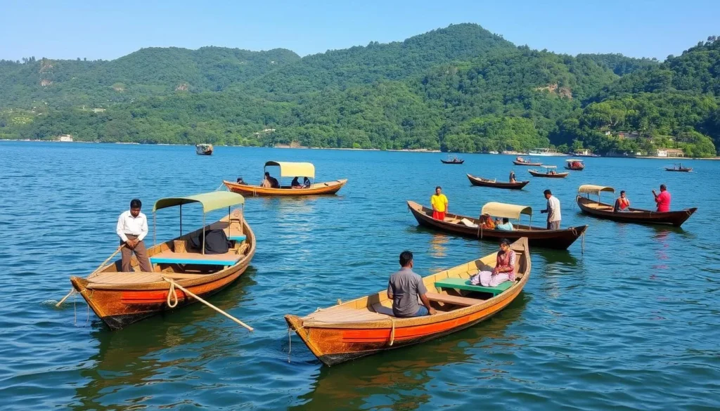 Traditional wooden boats on Kaptai Lake used for transportation between villages in Chittagong Hill Tracts