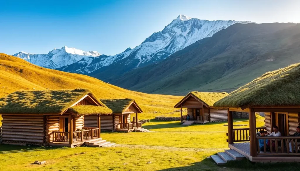 Traditional wooden cabins for accommodation in Fairy Meadows with Nanga Parbat in background, Pakistan Traditional wooden cabins for accommodation in Fairy Meadows with Nanga Parbat in background, Pakistan