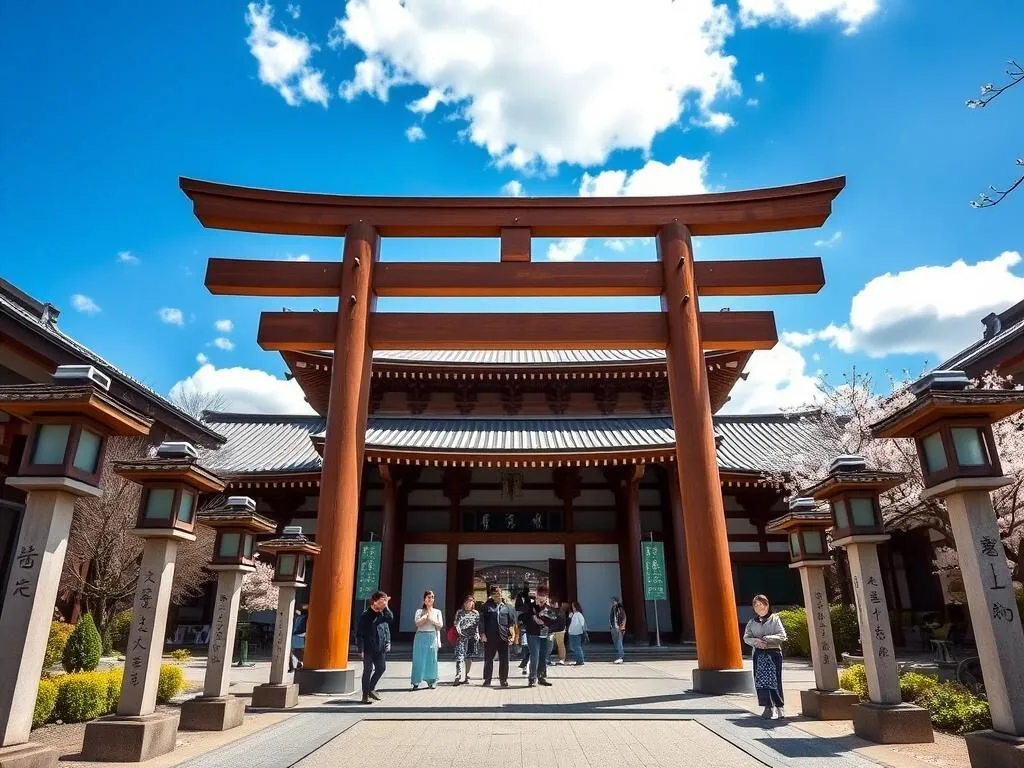 Traditional wooden gate and main hall of Kushida Shrine in Fukuoka with stone lanterns