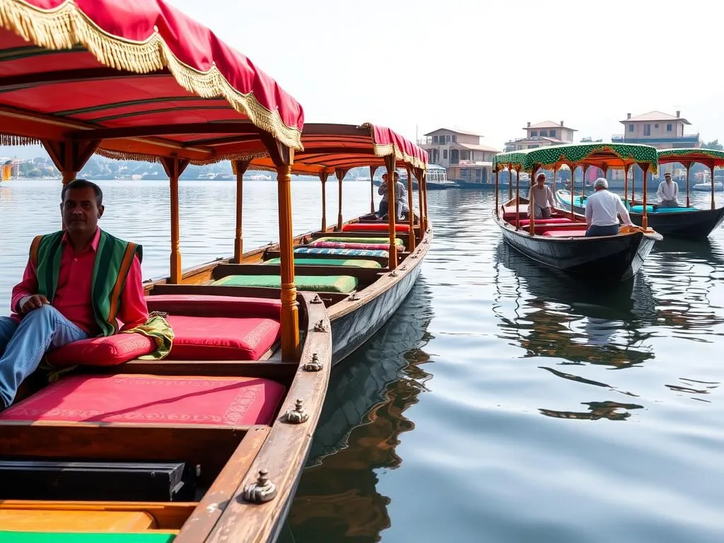 Traditional wooden shikaras on Dal Lake with tourists enjoying a boat ride Traditional wooden shikaras on Dal Lake with tourists enjoying a boat ride