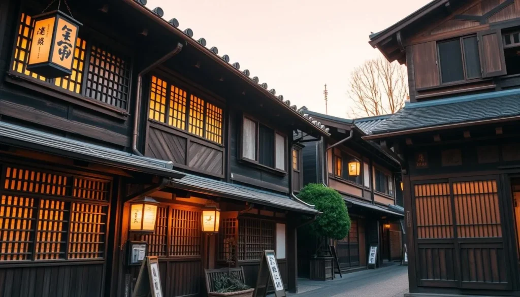 Traditional wooden teahouses with latticed windows in Higashi Chaya district