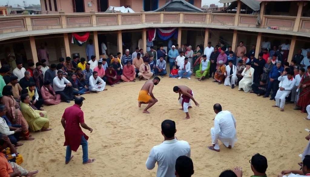 Traditional wrestling match (kushti) at an akhara in Gujranwala