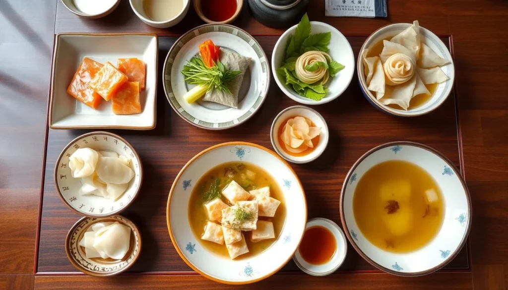 Traditional yuba (tofu skin) dishes served at a restaurant in Nikko with various preparations and side dishes
