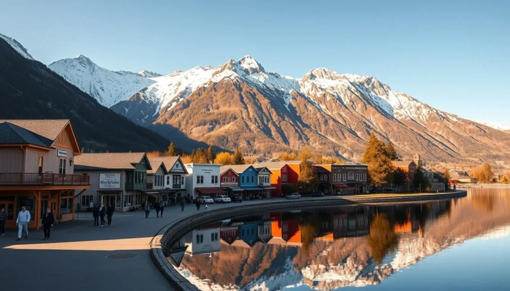 Tranquil Waterton Townsite nestled in the Canadian Rockies, basking in warm afternoon sunlight. A charming main street lined with colorful heritage buildings, their facades reflecting in the still waters of a picturesque lake. Towering snow-capped peaks form a majestic backdrop, casting long shadows across the scene. Pedestrians stroll leisurely, soaking in the serene atmosphere. A classic, idyllic mountain town, captured through a wide-angle lens to showcase its picturesque setting and quaint character.