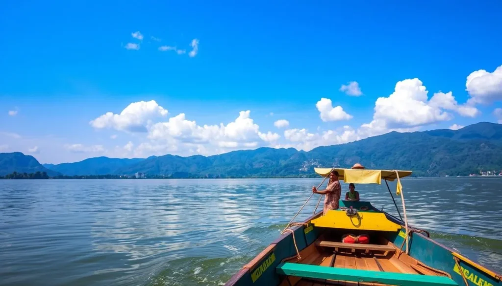 Transportation to Dumlong Range showing a local boat on Kaptai Lake with mountains in background