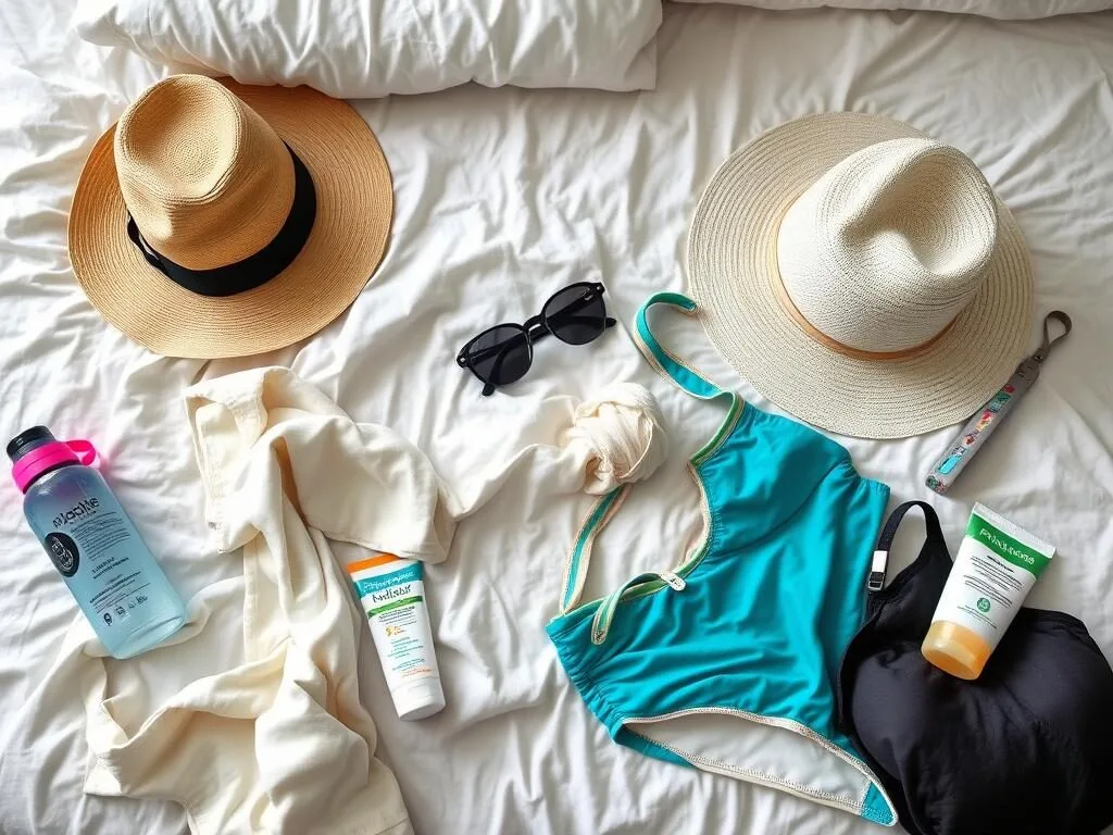 Travel essentials for Poro Island including sunscreen, hat, and water bottle