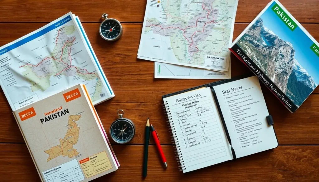 Travel planning materials for Karakoram Highway trip including maps and guidebooks