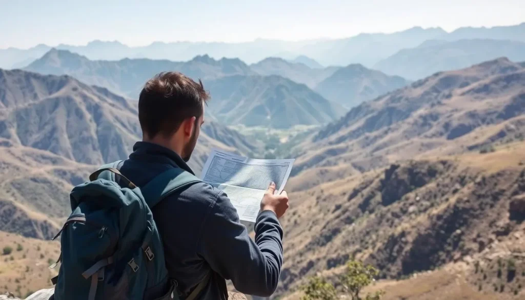 Traveler checking a map while standing on a viewpoint overlooking Neelam Valley Traveler checking a map while standing on a viewpoint overlooking Neelam Valley
