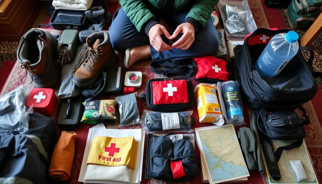Traveler preparing equipment and supplies for Karakoram Highway journey