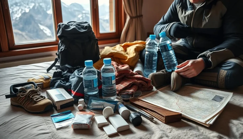 Traveler preparing equipment and supplies for a trek in Skardu with mountains in the background