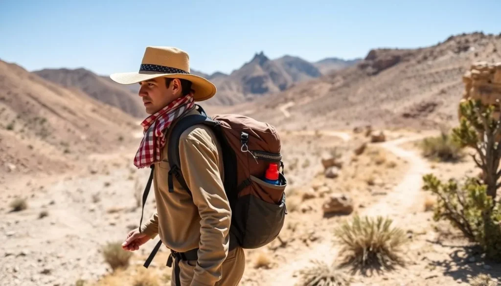 Traveler with backpack and water bottle hiking in Kirthar National Park, Pakistan