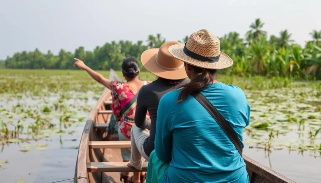 Traveler with local guide in a boat exploring Hakaluki Haor