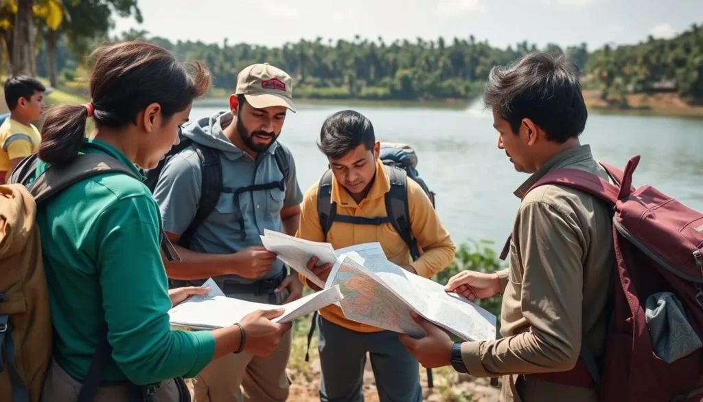 Travelers checking maps and equipment before hiking at Boga Lake