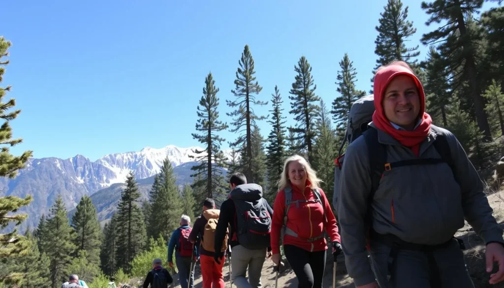 Travelers hiking on the trail to Fairy Meadows with backpacks, Pakistan Travelers hiking on the trail to Fairy Meadows with backpacks, Pakistan