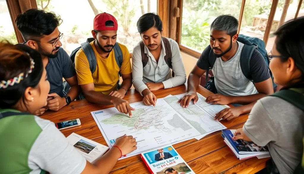Travelers planning their journey to Boga Lake with maps and backpacks