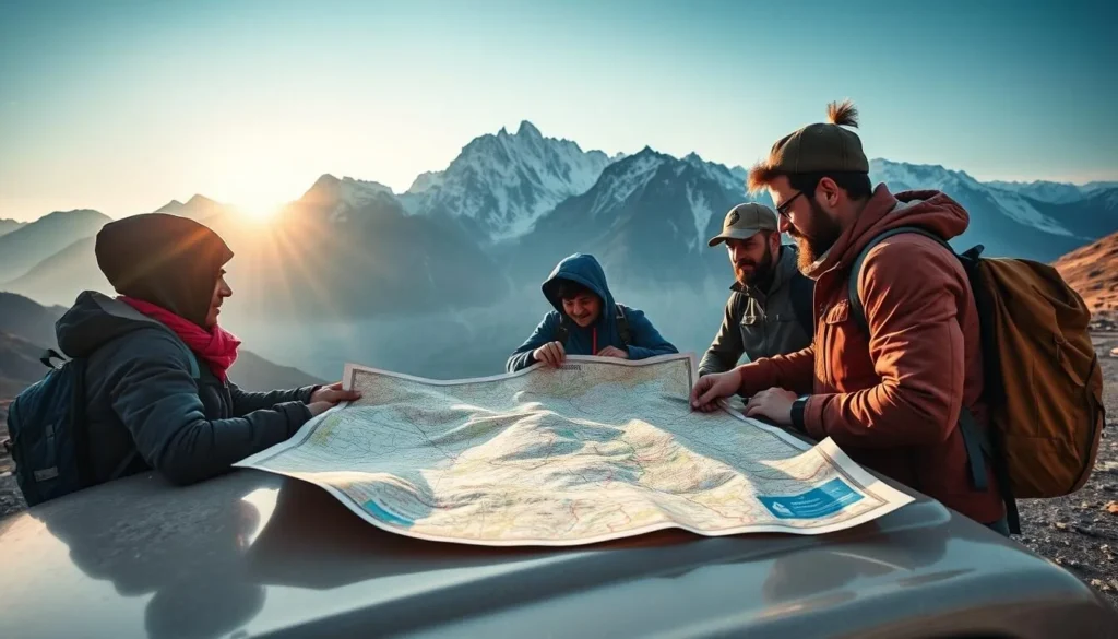 Travelers planning their route on a map with Karakoram mountains in the background