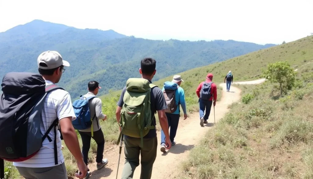 Travelers trekking on a trail in Bandarban Hills with backpacks and proper gear