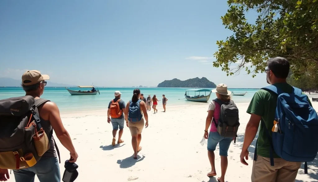 Travelers with backpacks arriving at Sambawan Island's beach with boats in the background