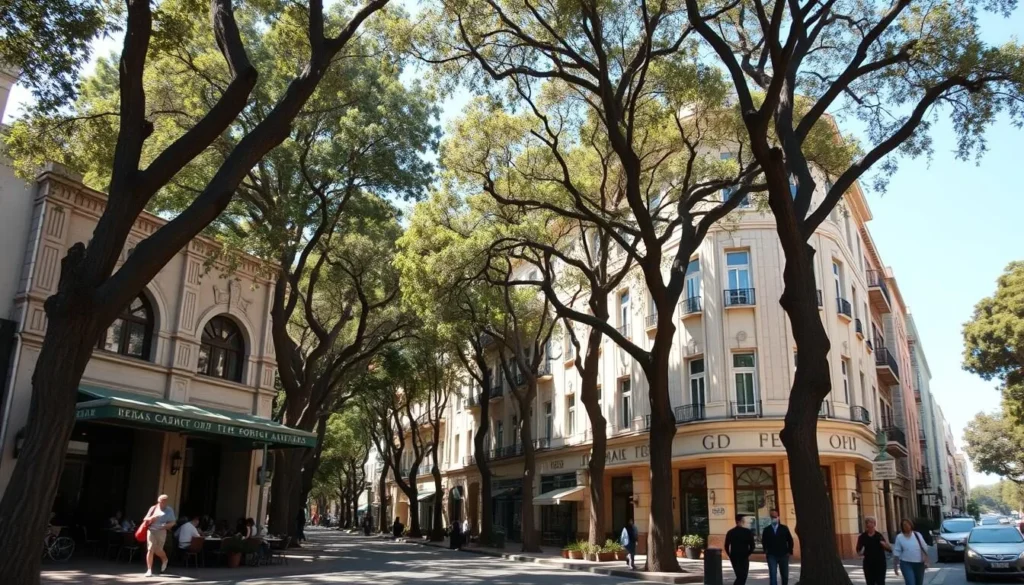 Tree-lined street in Roma Norte neighborhood with art deco buildings, outdoor cafes, and people walking