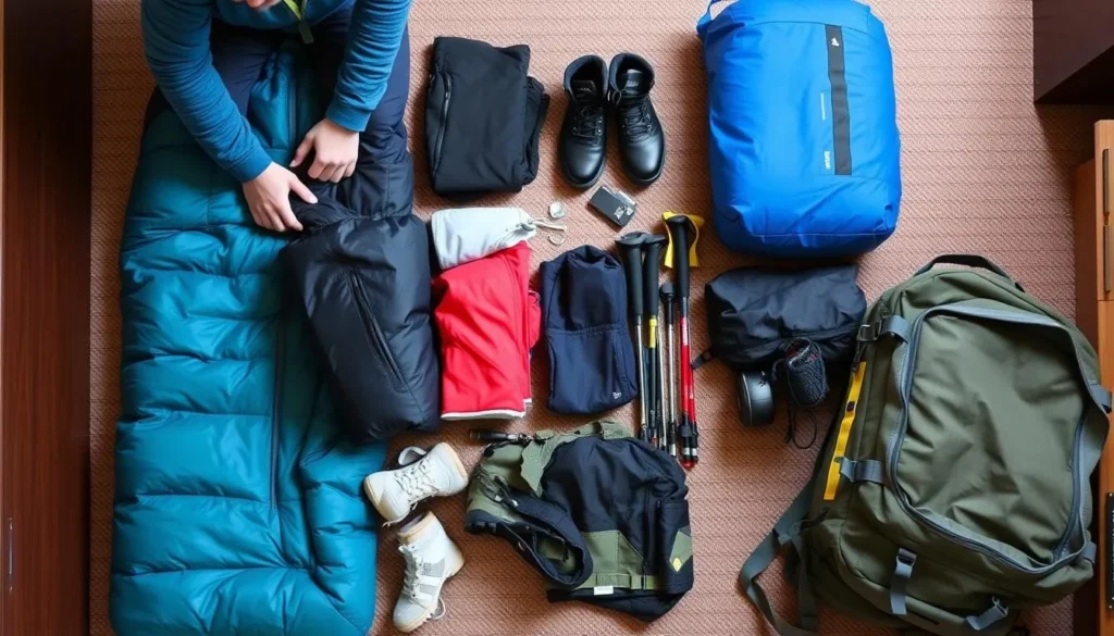 Trekker preparing equipment and packing for the Concordia trek