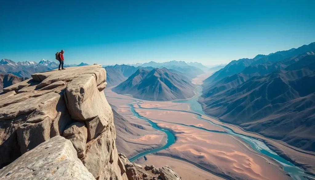 Trekker standing on Marsur Rock with panoramic view of Skardu Valley below