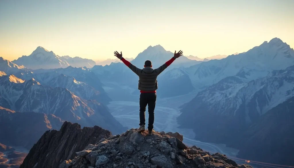 Trekker with arms raised in triumph at Concordia with K2 and surrounding peaks in the background