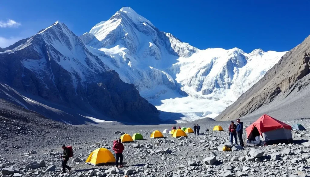 Trekkers at K2 Base Camp with the massive south face of K2 towering above
