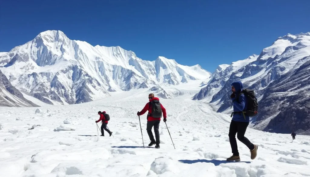 Trekkers crossing a glacier in the Karakoram Range of Gilgit-Baltistan Trekkers crossing a glacier in the Karakoram Range of Gilgit-Baltistan