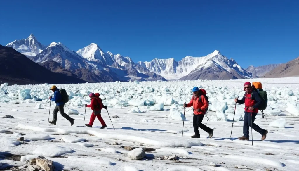 Trekkers crossing a glacier in the Karakoram mountains with porters