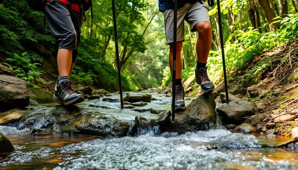 Trekkers crossing a small stream in Dumlong Range with proper equipment