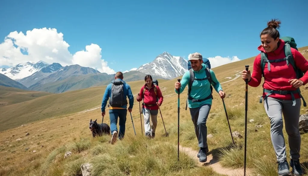 Trekkers hiking through Deosai Plains with backpacks and trekking poles