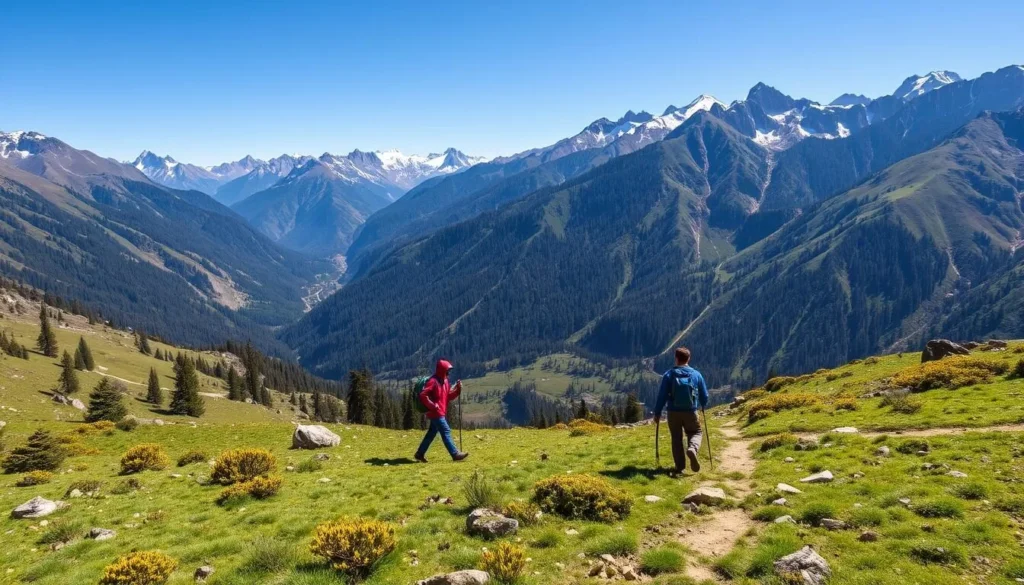 Trekkers hiking through Swat Valley mountains with stunning valley views