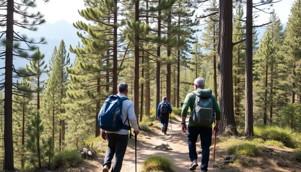 Trekkers hiking through a pine forest trail in Neelam Valley with mountains visible in the background Trekkers hiking through a pine forest trail in Neelam Valley with mountains visible in the background