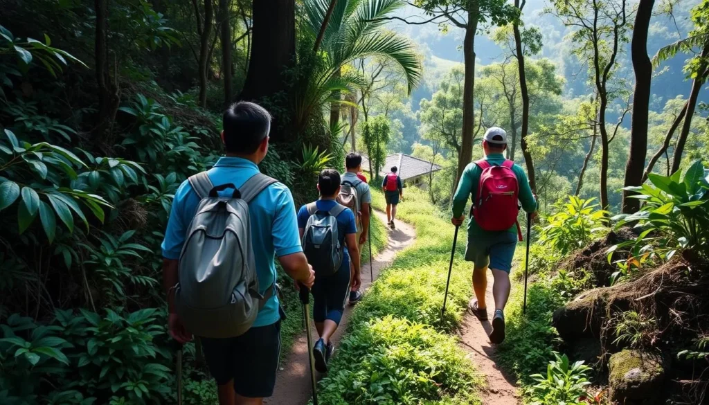 Trekkers hiking through the lush forests and hills of Bandarban Bangladesh