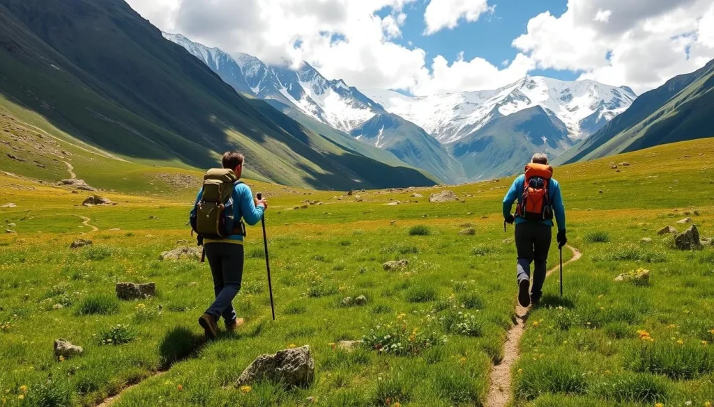 Trekkers hiking through the lush green meadows of Shandur Pass with mountain backdrop