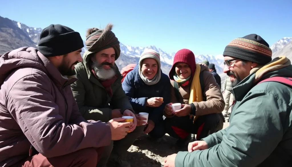 Trekkers interacting with local Balti porters and guides during the journey to Concordia