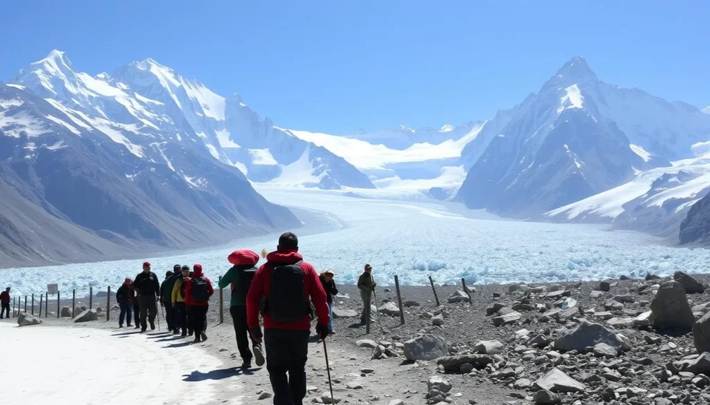 Trekkers making their way along the Baltoro Glacier toward Concordia