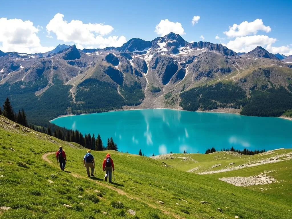 Trekkers on the Kashmir Great Lakes trail with alpine lakes and mountains in the background