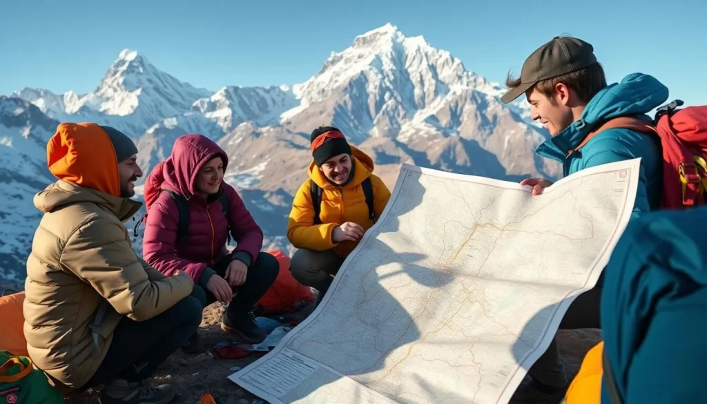 Trekkers planning their route on a map with K2 and Concordia visible in the background